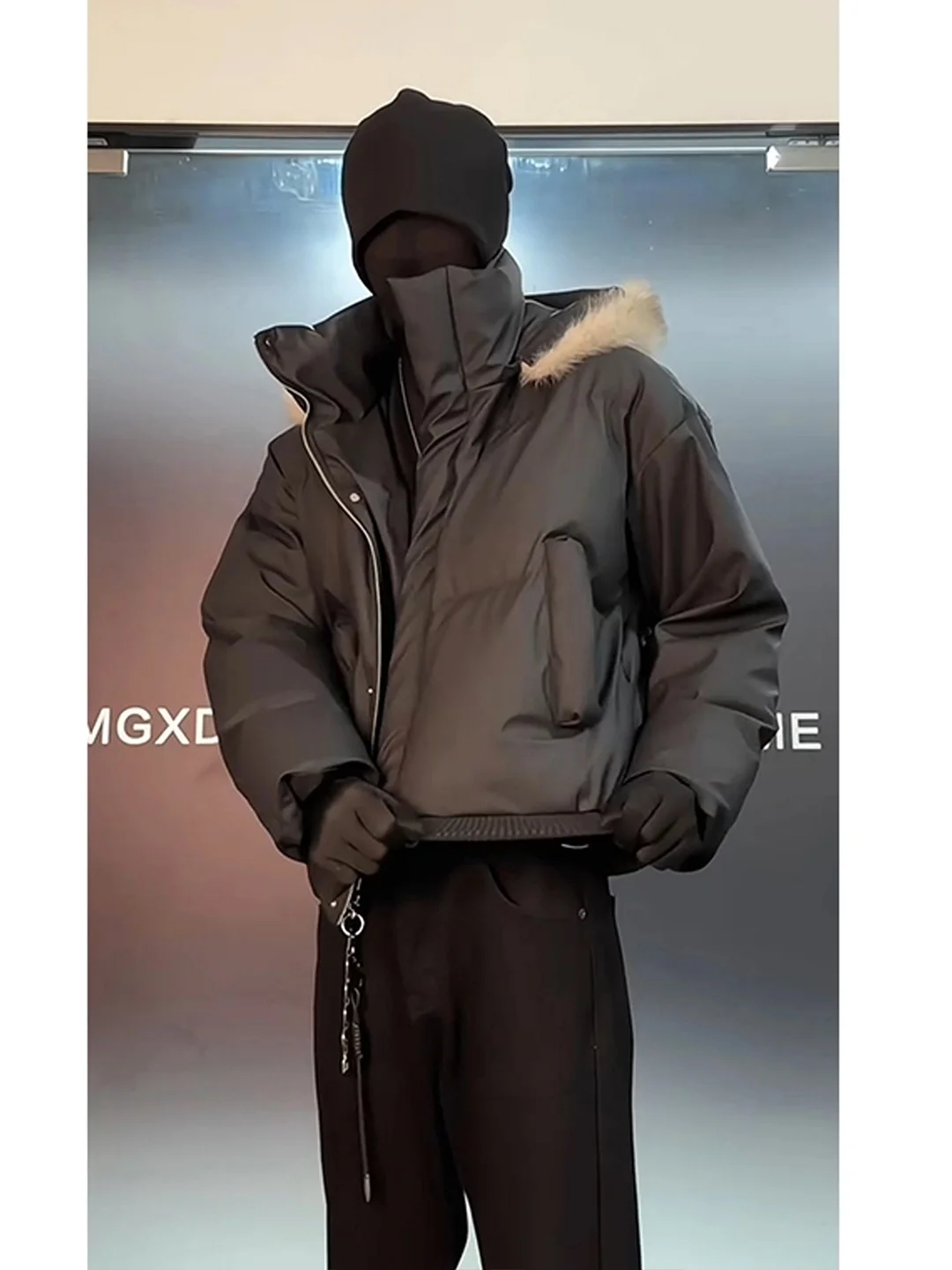 

Detachable Fur Collar down Cotton Jaet Men's Winter Thi Warm ort American Sle PU Leather Surface Hooded Outerwear