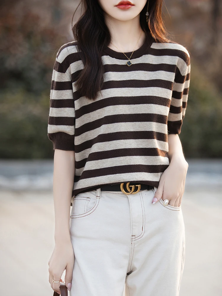

Summer Round Neck Striped Wool Sweater With Three Quarter Sleeves For Women's Tops Comfortable Casual Commuting Women's Clothing