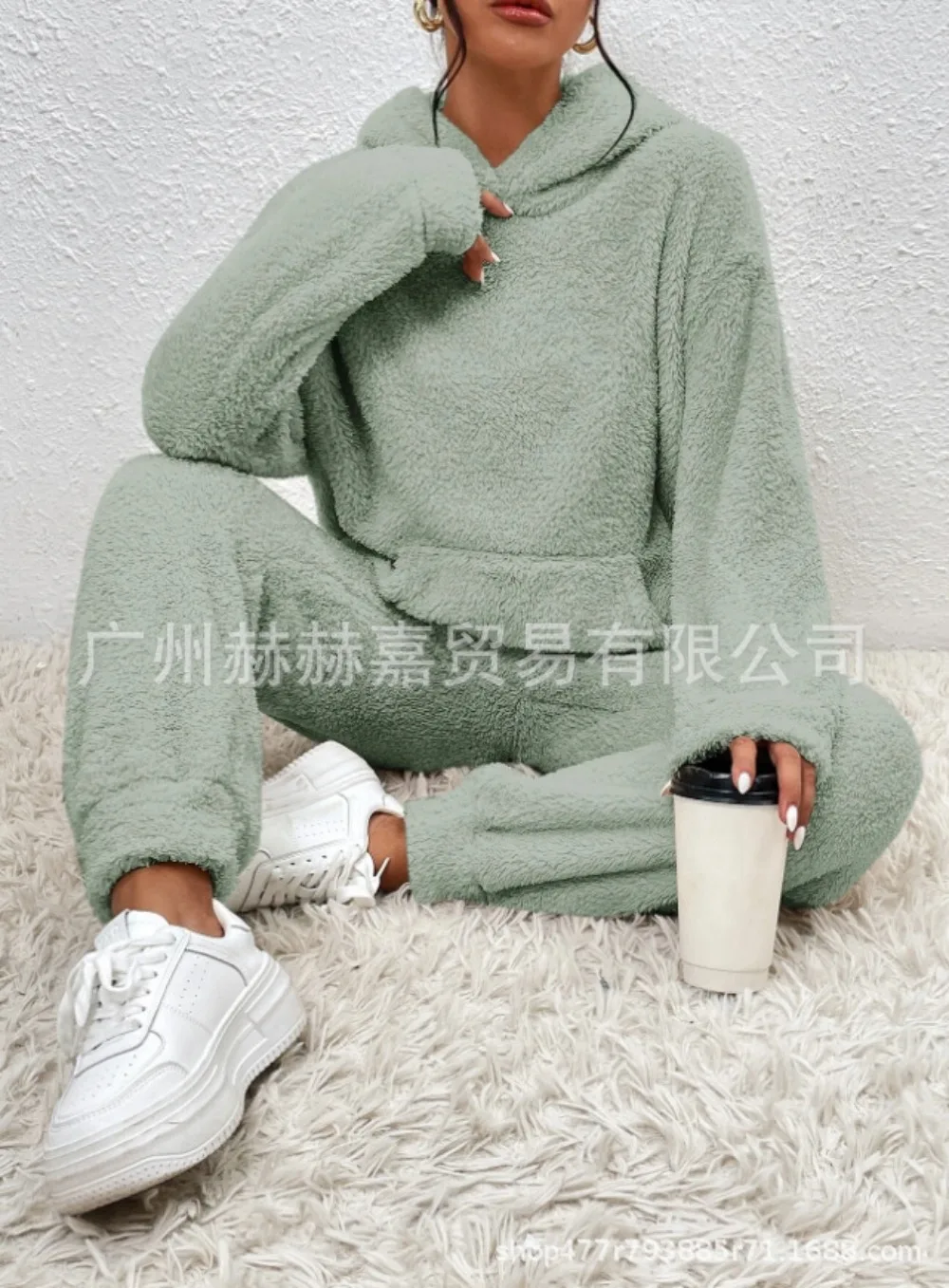 Autumn and Winter Womens Sets Plus Velvet Hooded Long-sleeved Stereo Patch Pocket Casual Pants Solid Suit for Women