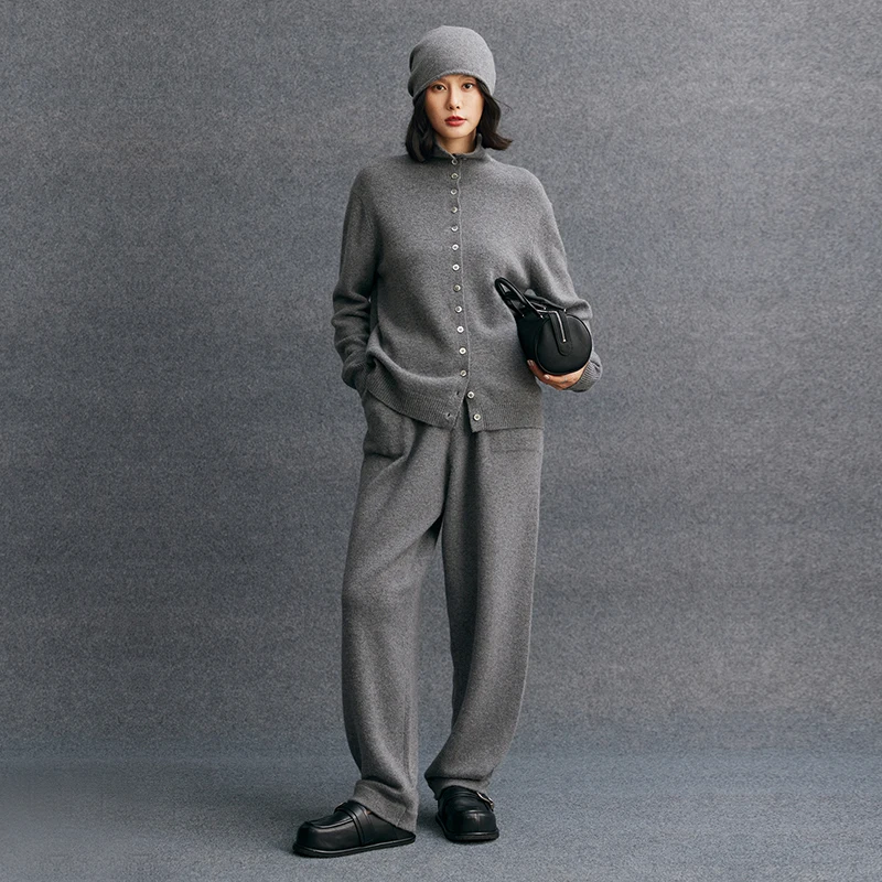 Women's Matching Set New 100% Cashmere Cardigan High Neck Jacket Casual Solid Color Knitted Pants Pocket 2-Piece Set Premium