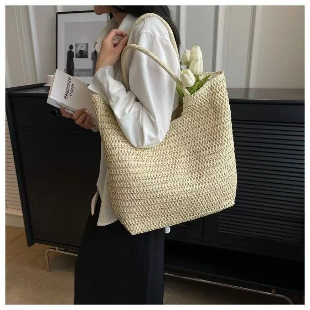 

Portable Straw Tote Bag Large Capacity Solid Color Beach Handbag Travel Handbag Women