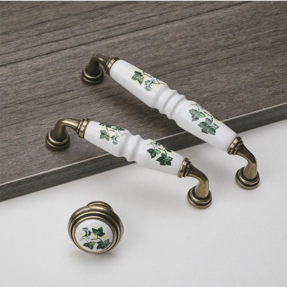 

Zinc Alloy Ceramic Cabinet Handles Bronze Vintage Drawer Knobs European Green/Red Leaves Knobs Drawer Pulls Closet Dresser