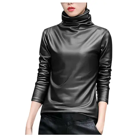 Streetwear Pu Leather Blouse Women's Turtleneck Long Sleeve Leather T Shirt Spring Summer Solid Tee Shirt Plus Size Crop Top 4xl
