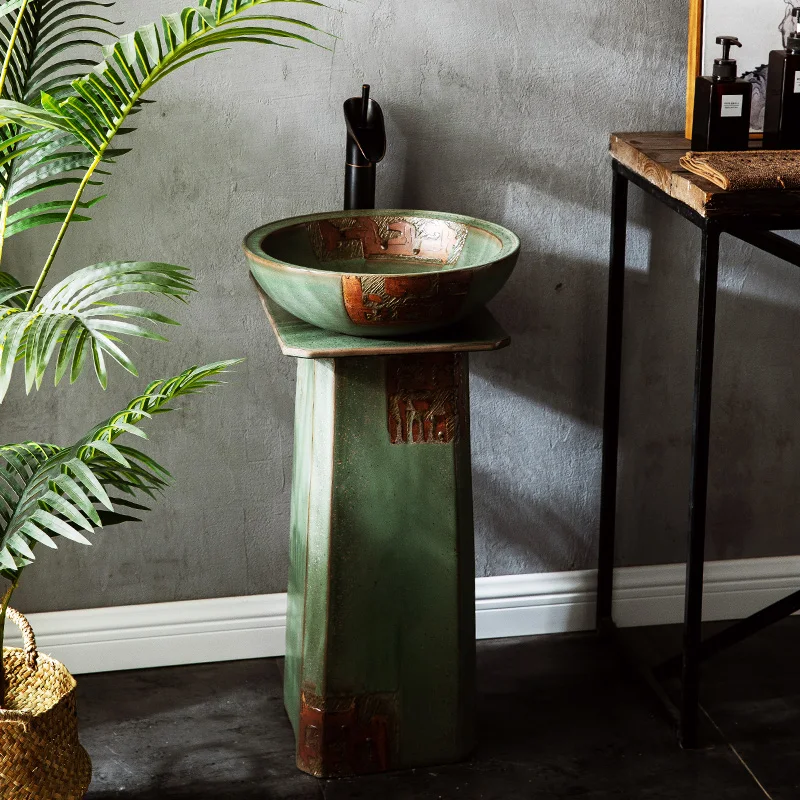 

French style retro floor standing washbasin,dark green ceramic column basin,for bathrooms, balconies,outdoor courtyards GN412AO