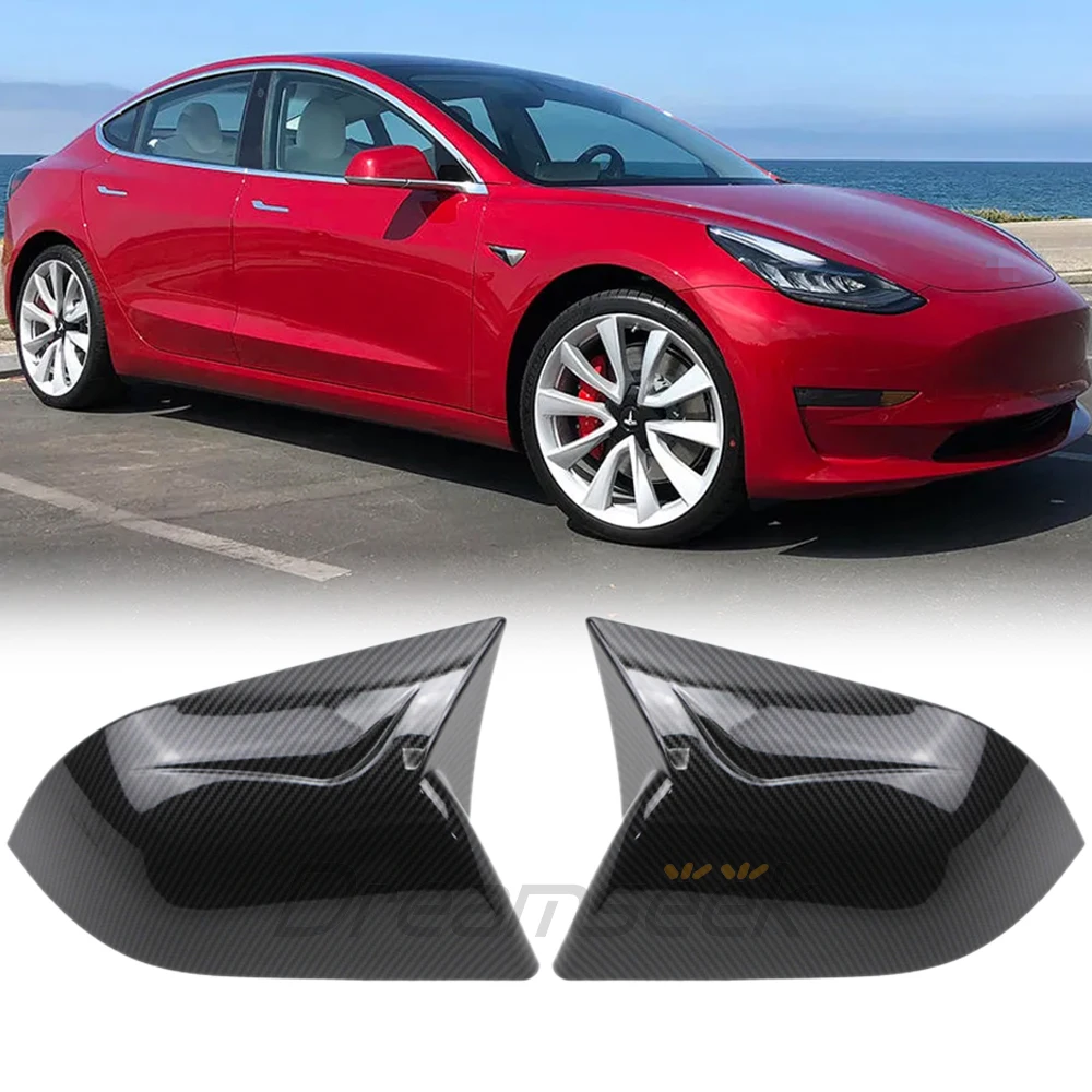 

LH+RH Rearview Side Wing Mirror Cover Fits For Tesla Model 3 2017+ Exterior Carbon Fiber Style Pattern Rear View Cap Trim ABS