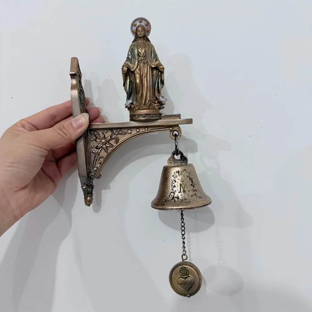 Funny Religious Our Lady of Grace Wall Bell Antique Wall Mount Medal Doorbell Metal Bell Christian Virgin Mary Statue Porch
