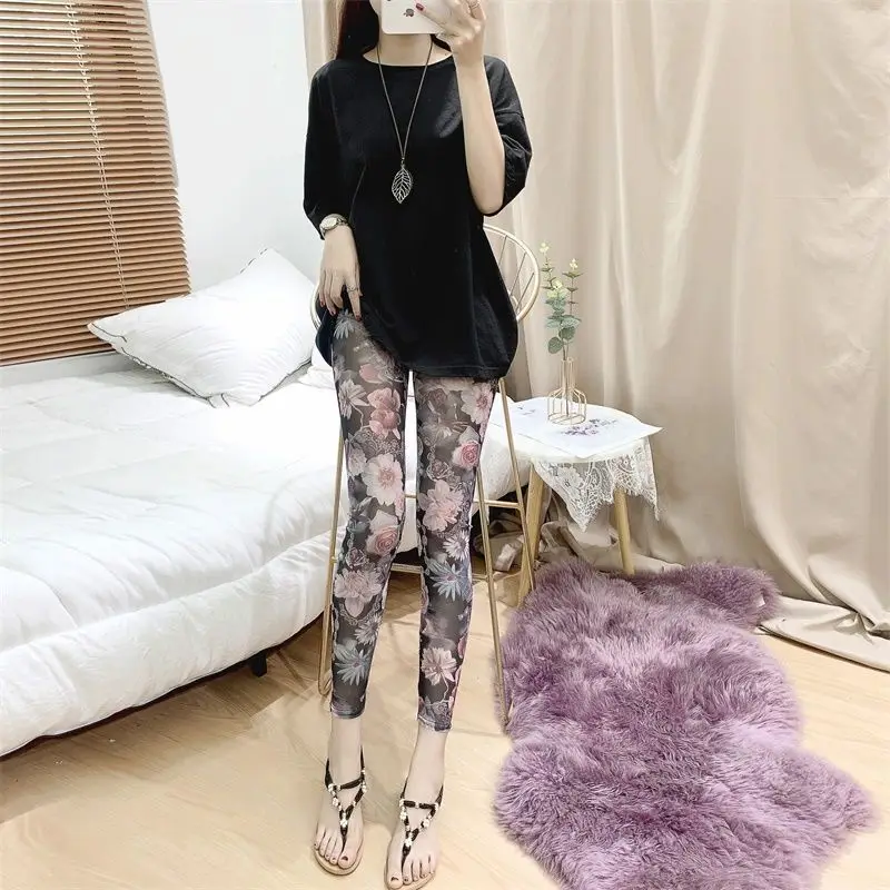 

Summer New Women's Fashion Sexy Elastic High Waisted Ankle Length Pants Printed Striped Gauze Slim Straight All-match Leggings