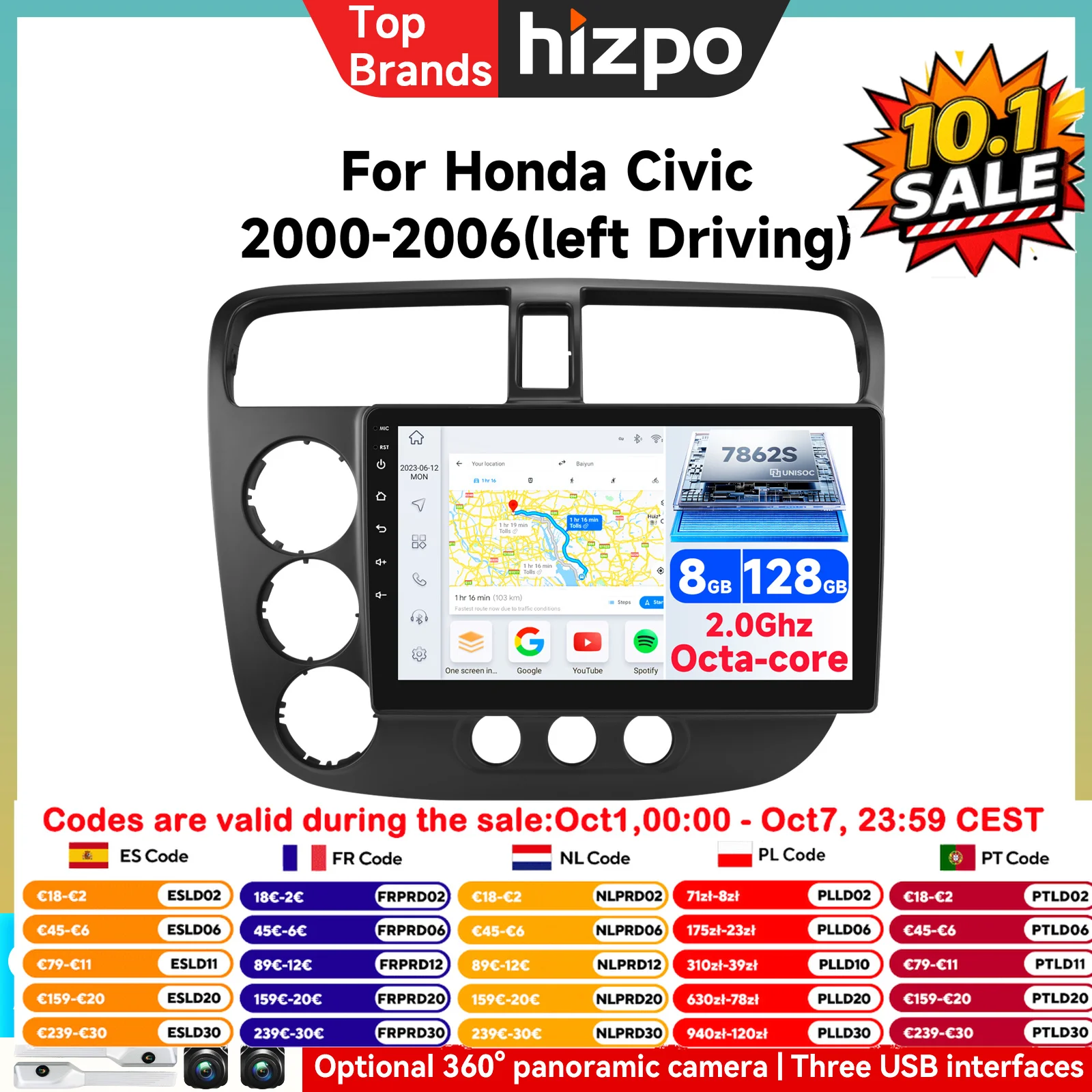 Schermo Radio per Auto Honda Civic 2000-2006 Guida a Sinistra, Lettore Multimediale con Carplay e Android Auto, Navigazione GPS 4G WIFI, Stereo 2Din
