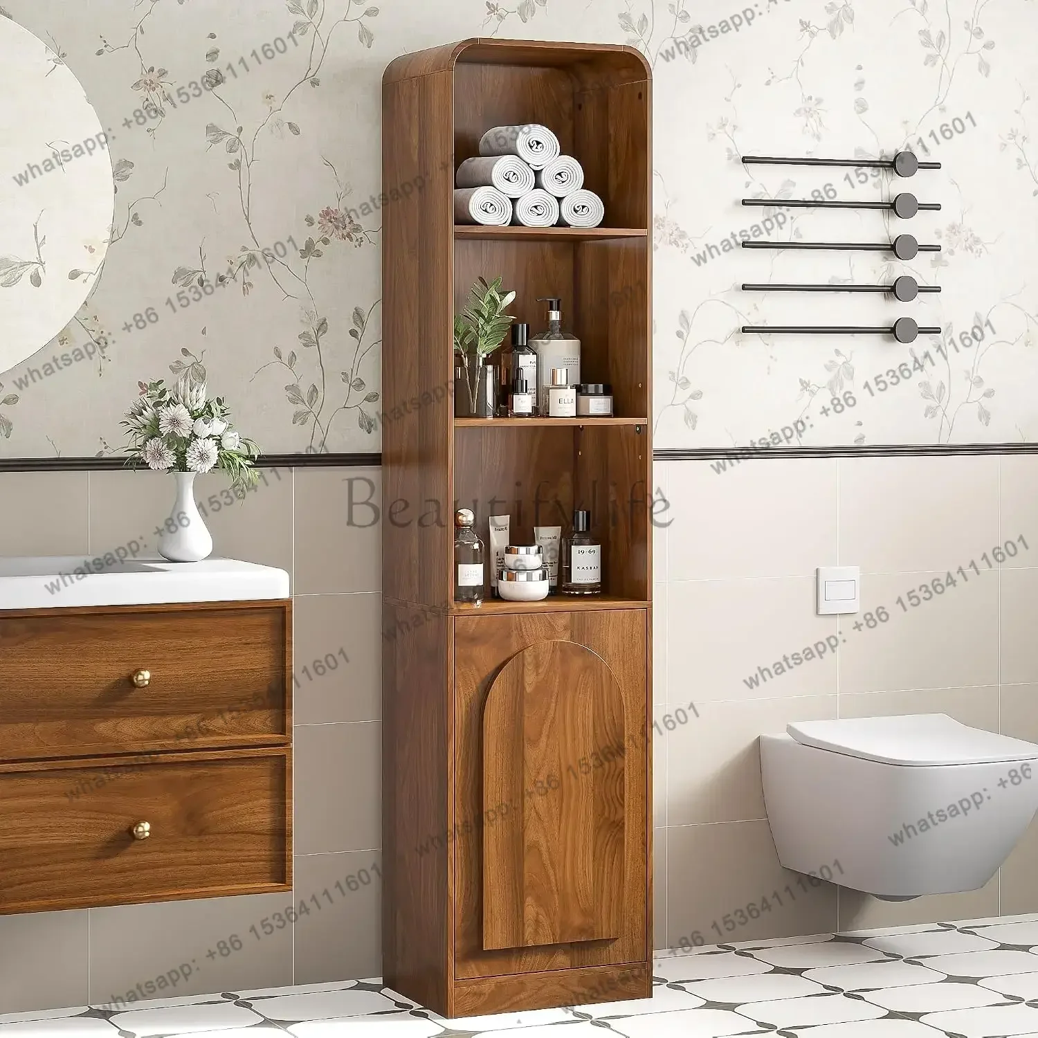 Factory Direct Tall Narrow Storage Cabinet With Arched Door, Slim Bathroom Cabinet With 5 Tier Shelves, Wood Mid , Customized