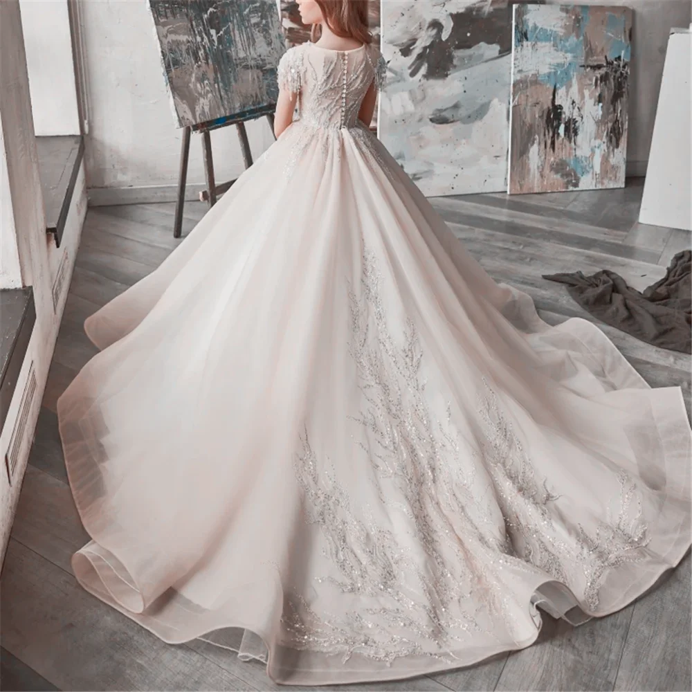 

Flower Girl Dresses Lvory Tulle Pattern Sequin Tailing Short Sleeve For Wedding Birthday Party Princess First Communion Gowns