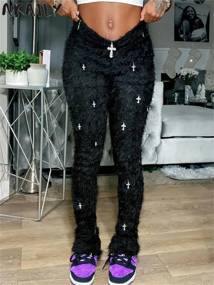 

Akaily Black Leggings Pants Streetwear Outfit For Women 2023 Fashion Cross Ornament Mohair Trousers Harajuku Gothic Pencil Pants