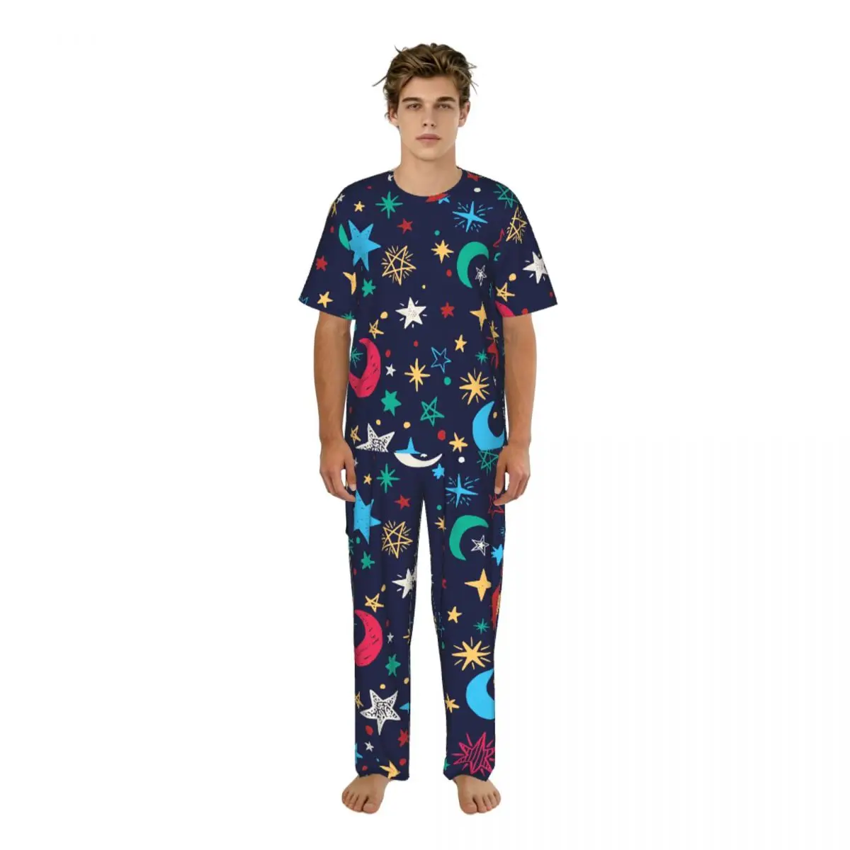 

Мужской пижамный комплект с узором в виде звезд и луны, с короткими рукавами, весенне-летняя одежда для отдыха, мужская ночная одежда