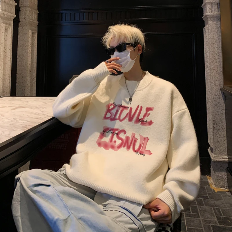

Men's Oversized Sweaters Autumn White Knitted Sweater 5XL Fashion Letter Print Casual Wear for Man Knit Pulloves Men Clothes
