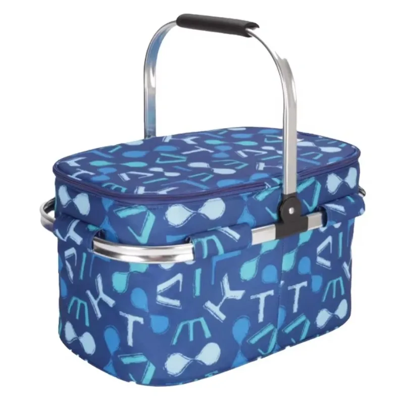 Portable collapsible insulated picnic basket with aluminum handle