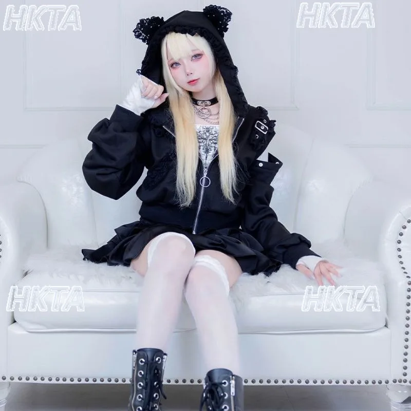 

Japanese Dark Subculture Lace Splicing Cartoon Rivet Removal Sleeve Off The Shoulder Hooded Black Hoodie Coat Sweatshirt Women