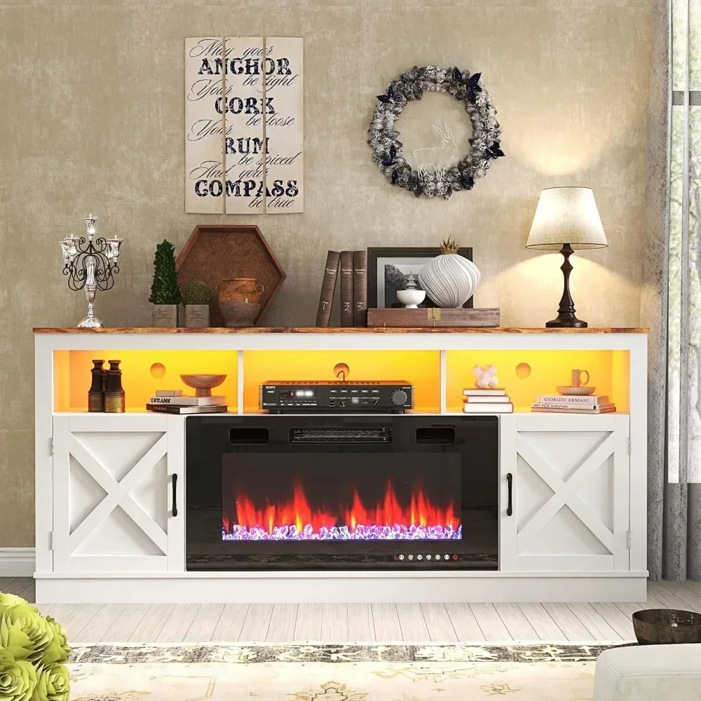 Farmhouse Fireplace TV Stand with 36 Inch Electric Fireplace and LED Lights, 70 Inch Media Console, and Barn Door Cabinet