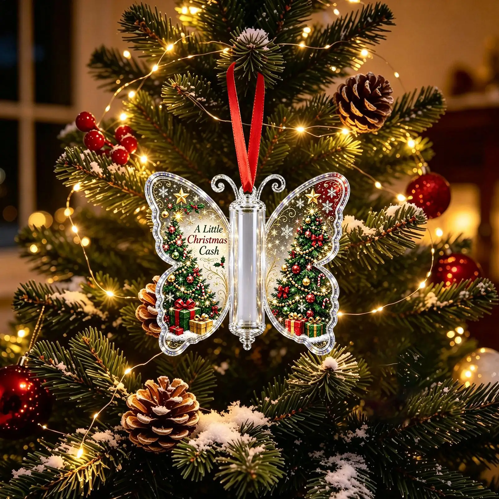 Christmas Cash Holder Acrylic Butterfly Tree Pendant Money Holder Cards for Kids Boys Girls Sons Daughters Xmas Gift Wallet