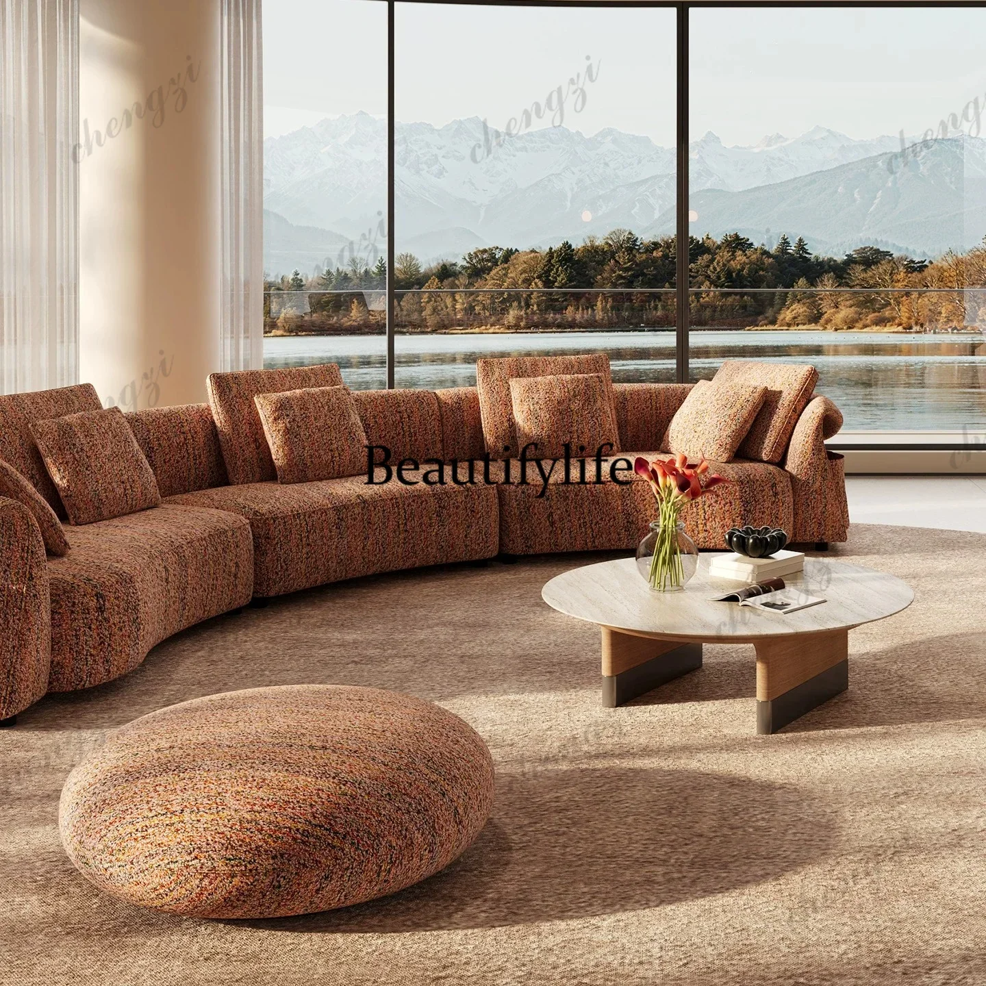D136 Blue marble pattern round coffee table modern simple light luxury living room furniture