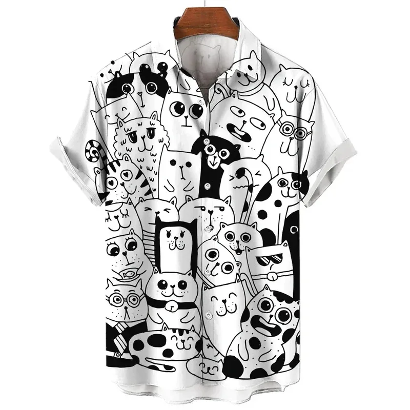 Men's short-sleeved shirt, fashionable cartoon line cat pattern printed top, women's casual button shirt top