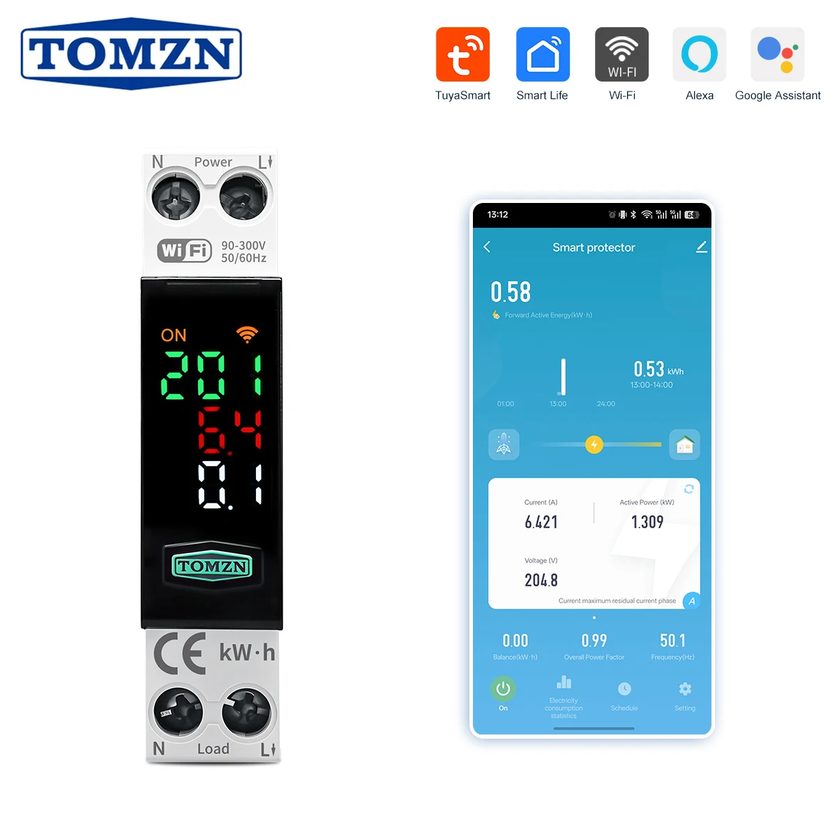 TOMZN WiFi Circuit Breaker 1P+N 50A 110V 230VAC Smart Automatic Recloser with Voltage Current Energy Monitor Overload Protection