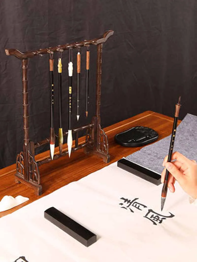 Chinese Calligraphy Brushes Pen Holder Stand Rosewood 8 12 16 Hooks Brushes Hanging Simple Retro Brush Pen Hanger