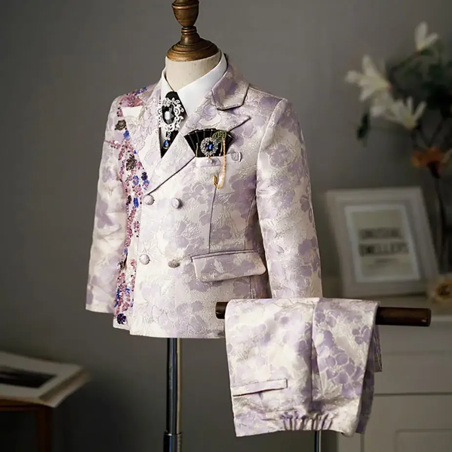 Boys' Tuxedo Set Kids Formal Wedding Birthday Party Suits Elegant Dress A2153 Children's Set Sequins Design Gentleman