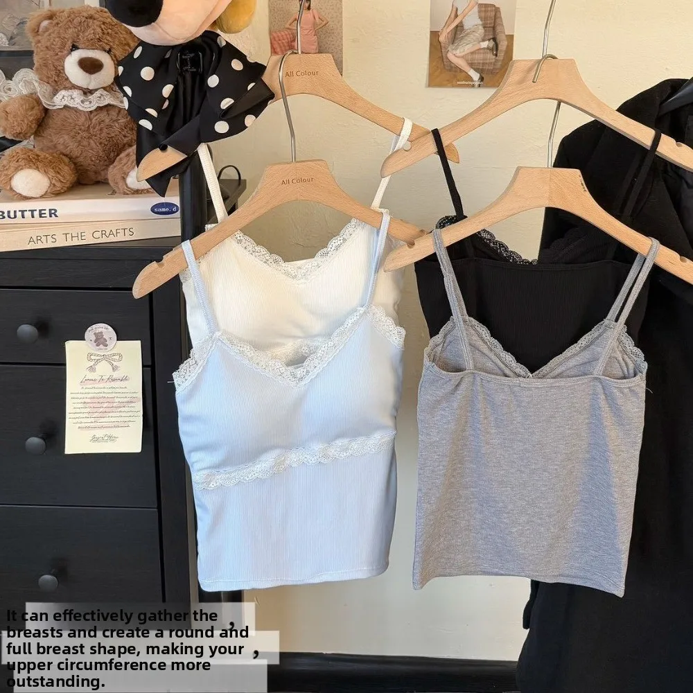 

Elegant V Neck Lace Camisole Slim Fit Sleeveless Crop Tops with Chest Cushion Streetwear Lace Corset Spring Summer