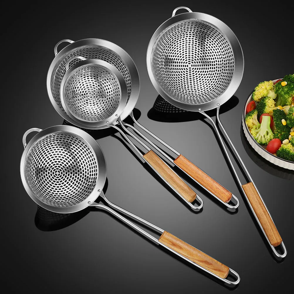 

Stainless Steel Kitchen Cooking Tool Sieve Wok Utensils Household Skimmer Slotted Strainer Wooden H Long Smooth