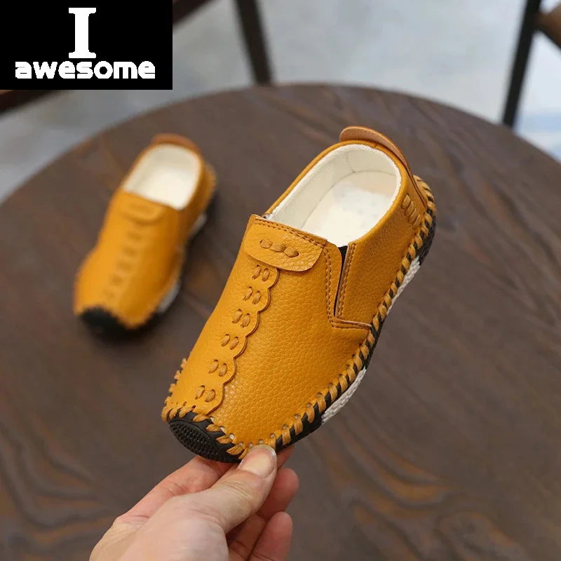 Iawesome-zapatos de cuero de estilo inglés para niños, zapatillas informales de costura a la moda, de cuero PU, suela suave, sin cordones, para otoño