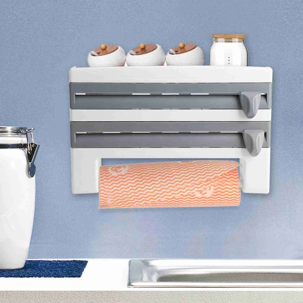 Practical ABS Paper Towel Holder 4-in-1 Wall Mount Plastic Wrap Dispenser With Cutter Wrap Organizer With Cutter Home Use