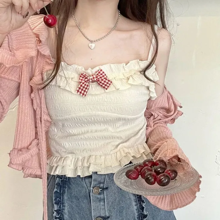 Kawaii Candy Color Crop Top Women Japanese Lolita Sweet Tank  Boe Ruffle Short Tee Shirt All Match Cute s 2024