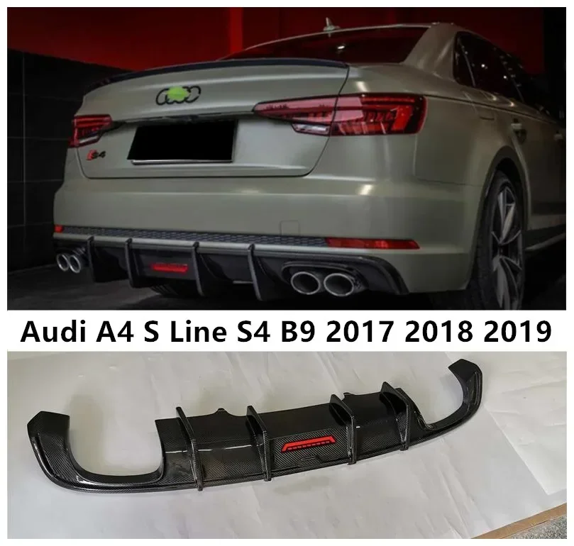 Rear Bumper Diffuser For Audi A4 S Line S4 B9 2017 2018 2019 2020 Trunk Door Lip Spoiler Real Carbon Fiber (With LED Light )