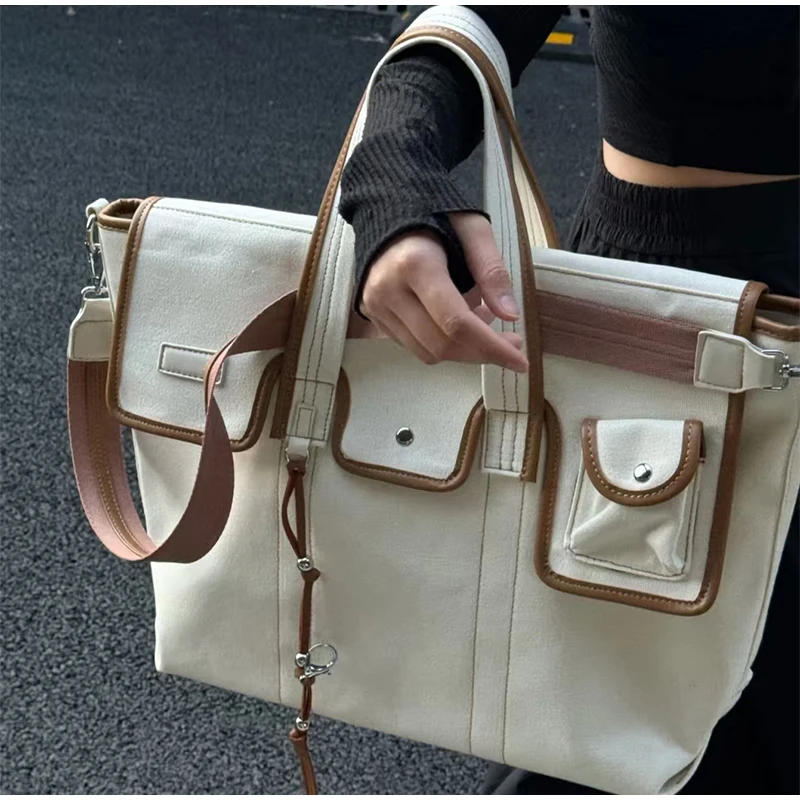 Niche Design Women's Large Capacity Canvas Bag Fashion Trend Square Messenger Bag Ladies Contrast Color Design Shoulder Bag 2025