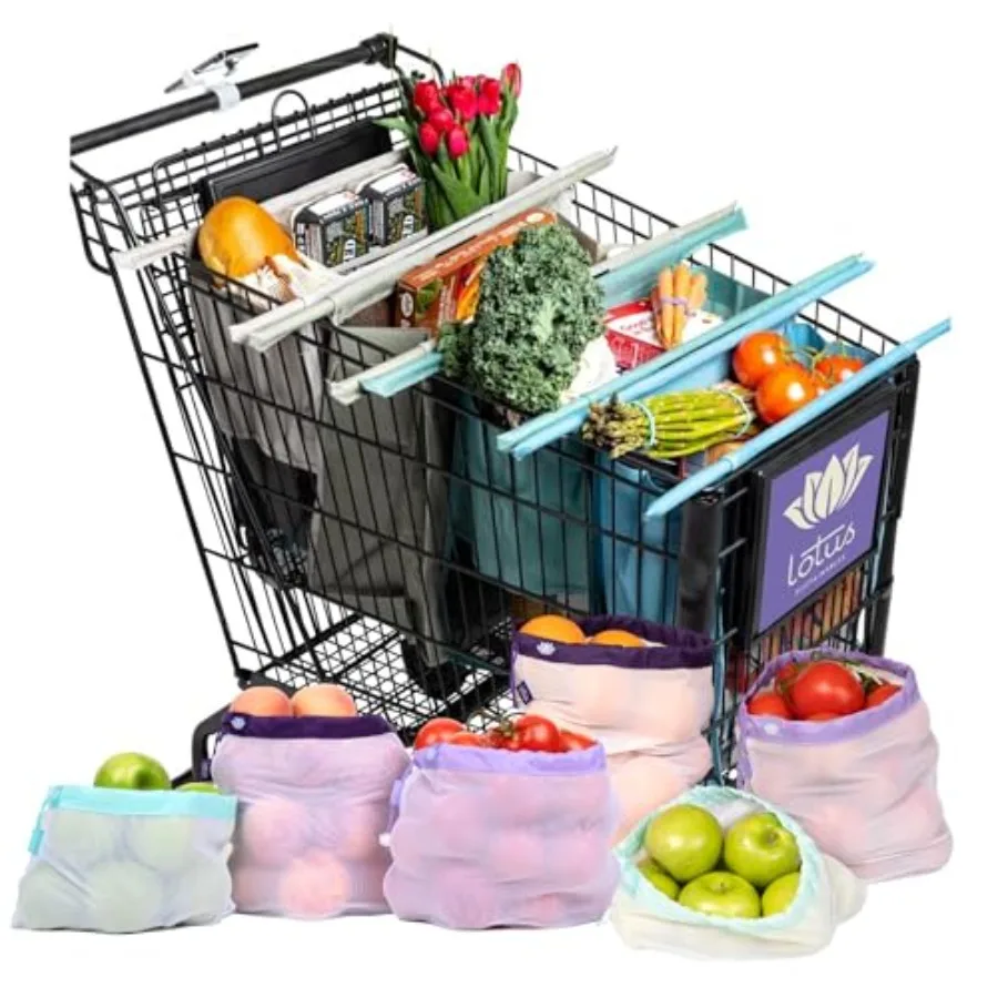 

Reusable Grocery Cart Bags Earth Tones Set of 4 and Reusable Netted Produce Mesh Bags Set of 9