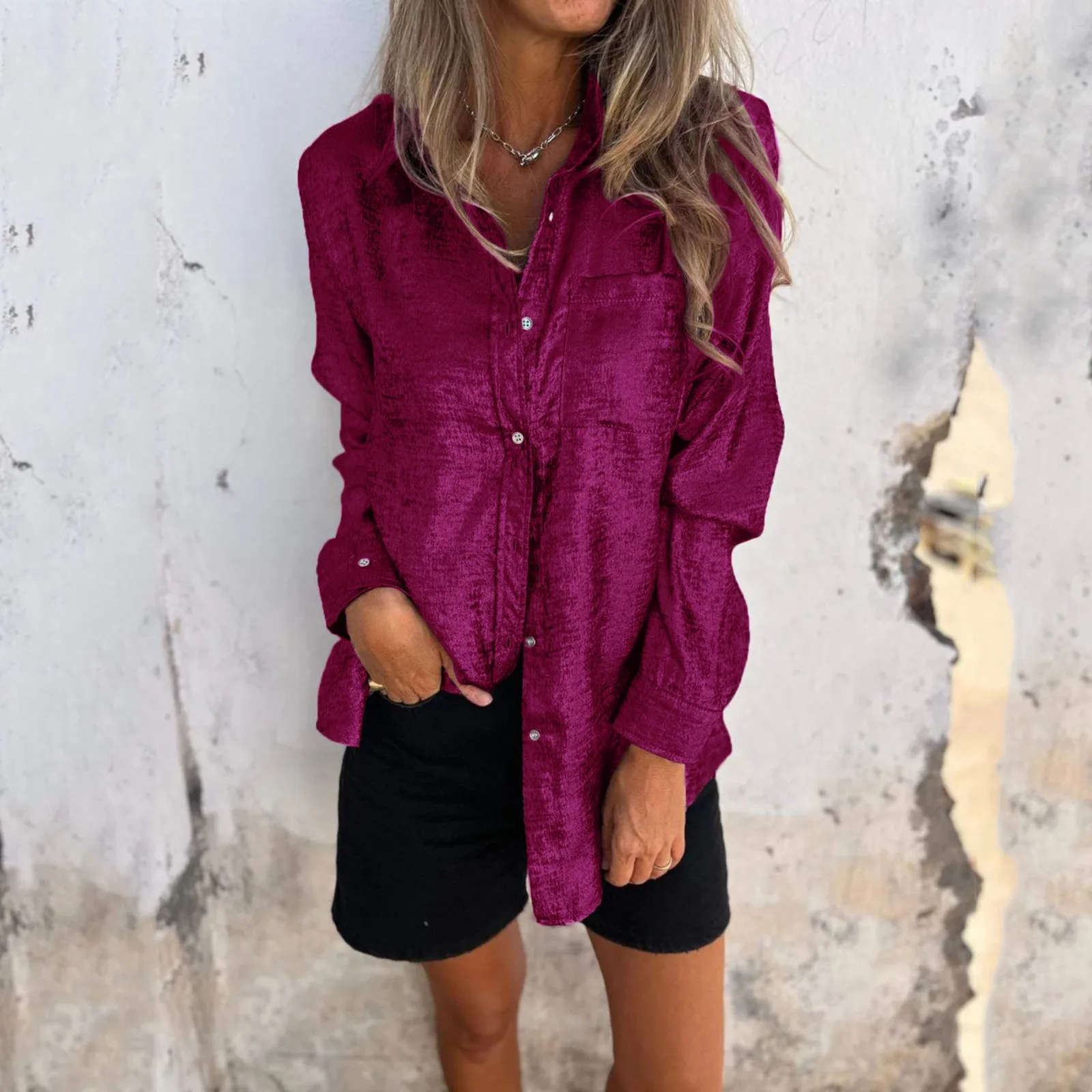 2024 Spring New Women\'s Shirt Fashion Lapel Velvet Long Sleeve Top Shirt Shirt Solid Colour Casual Versatile Commuter Shirt Top