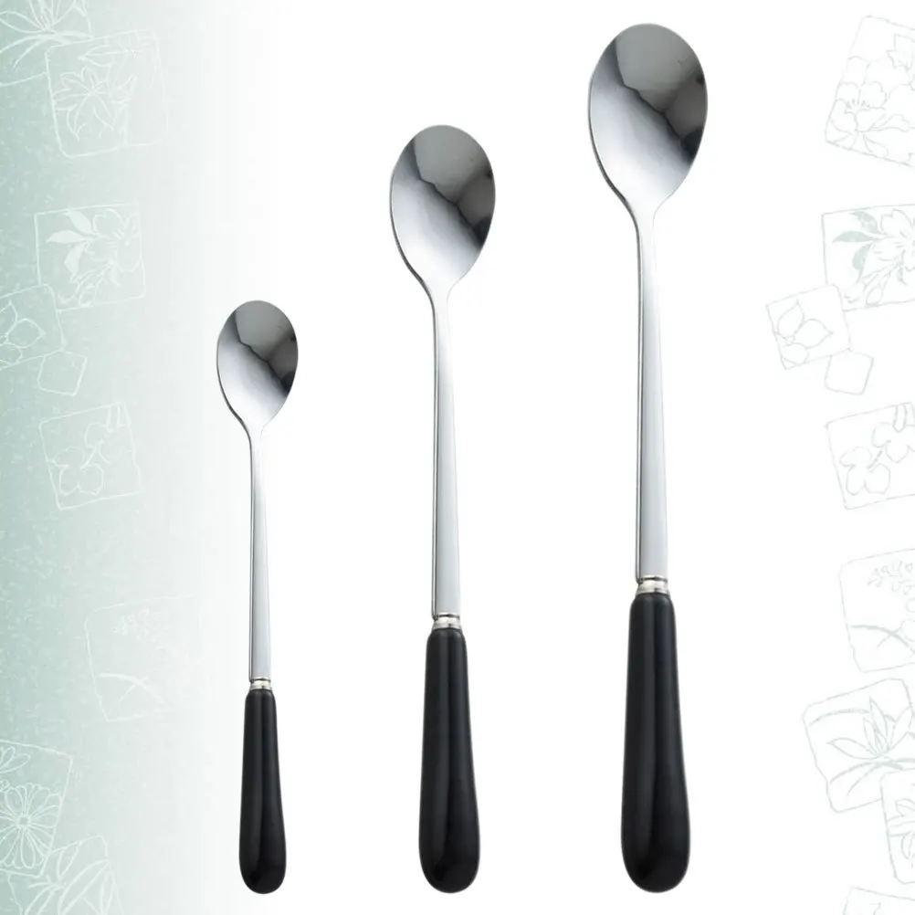 3 قطعة الفولاذ المقاوم للصدأ قهوة قاعدة الملاعق مقبض طويل أسود صغير الجليد ملاعق الحلوى للمنزل بار مطعم الحليب الشاي متجر #5