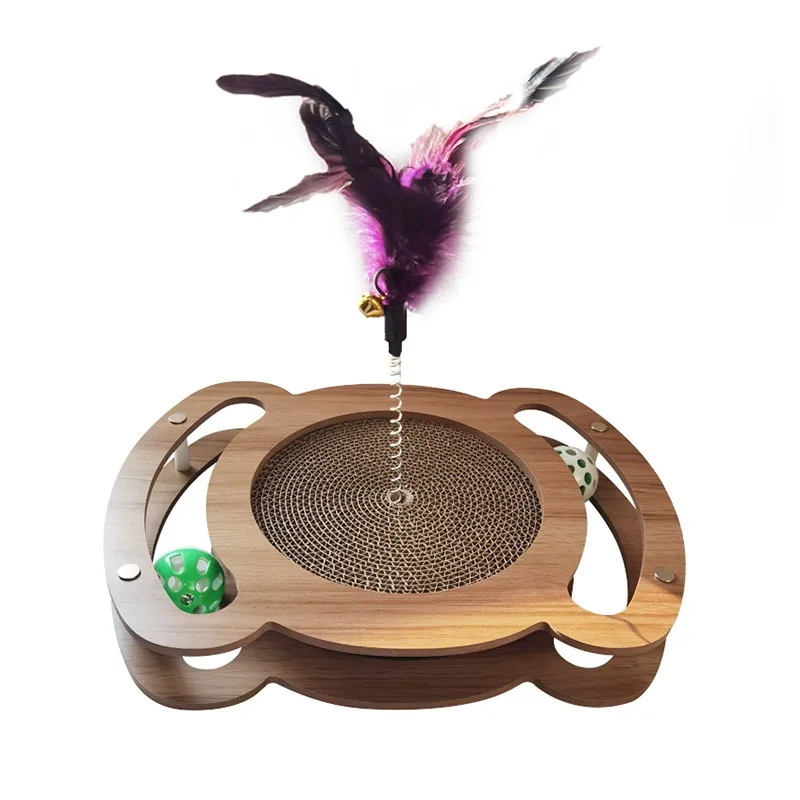 

Wooden Cat Scratcher Turntable Track Ball Feather Toy Spring Bell Corrugated Scratch Pad Durable No Debris Interactive Self Play