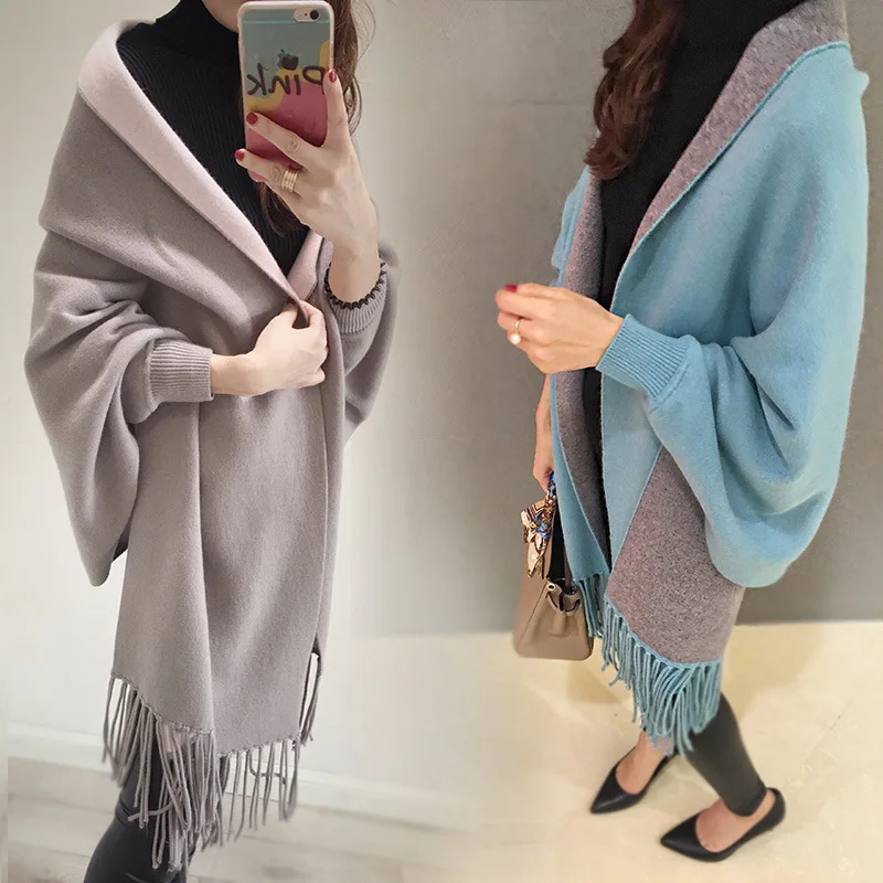 Women Cape Solid Black New Long Batwing Sleeves Outside Winter Plus Size Knitted Poncho Outside Streetwear Warm Tassel Coat