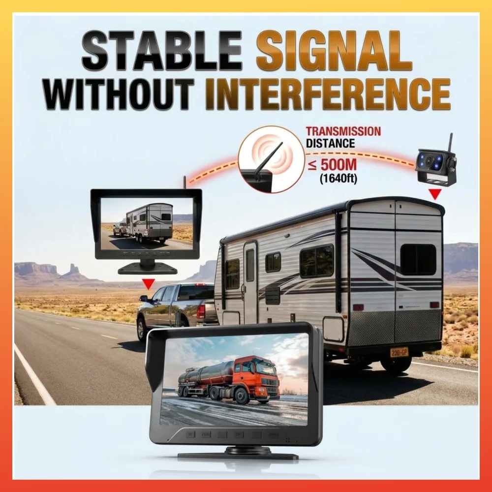 7 Inch AHD Wireless Backup Camera System Small 4th Taillight Rear View Display for Truck Bus RV Camper Trailer Excavator