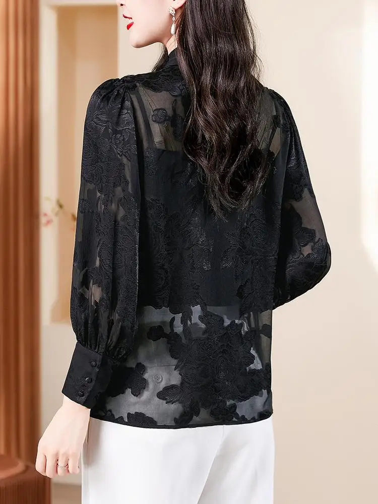 Western Style Chiffon Shirt for Women\'s Spring and Autumn New Style High-end Temperament Shirt Loose Butterfly Bow Ribbon Top