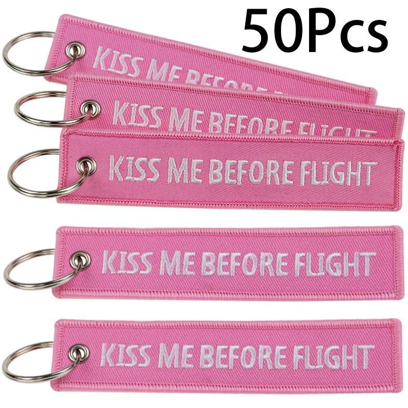 

50Pcs Kiss Me Before Flight Key Chain Label Embroidery Keychain With Metal Plane Embroidery Keychain Car Charm