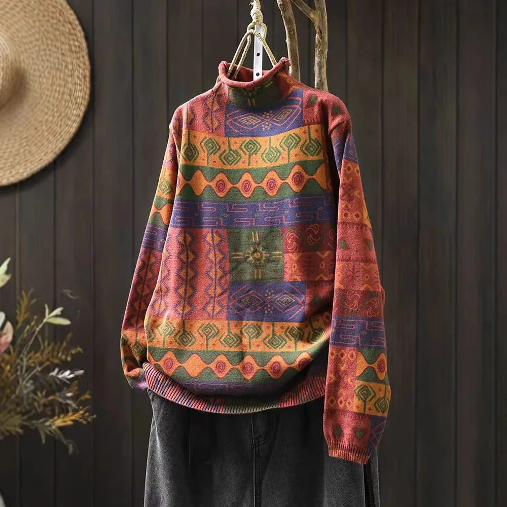 Vintage Print Half-turtleneck Cotton Sweater Women Spring Autumn Fashion Good Quality Long Sleeve Loose Casual Outdoor Knitwear