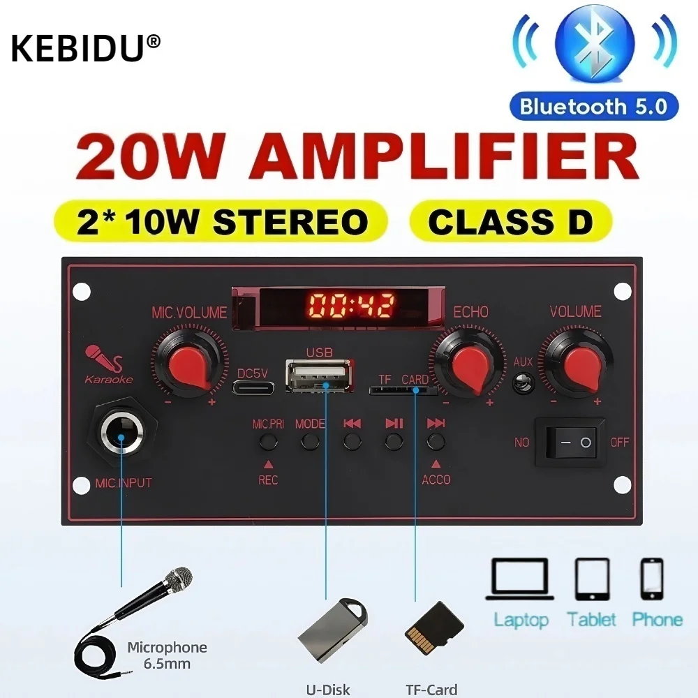 KEBIDU 5V 20W Amplifier Bluetooth MP3 WMA APE Decoder Board Handsfree Car Audio Microphone USB TF FM Radio DIY Mp3 Music Player