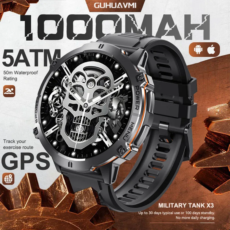 

2025 New TANK X3 GPS Smart Watch Men 1000mAh Battery 1.73" AMOLED Screen Bluetooth Call 5ATM Waterproof Sport Fitness Smartwatch