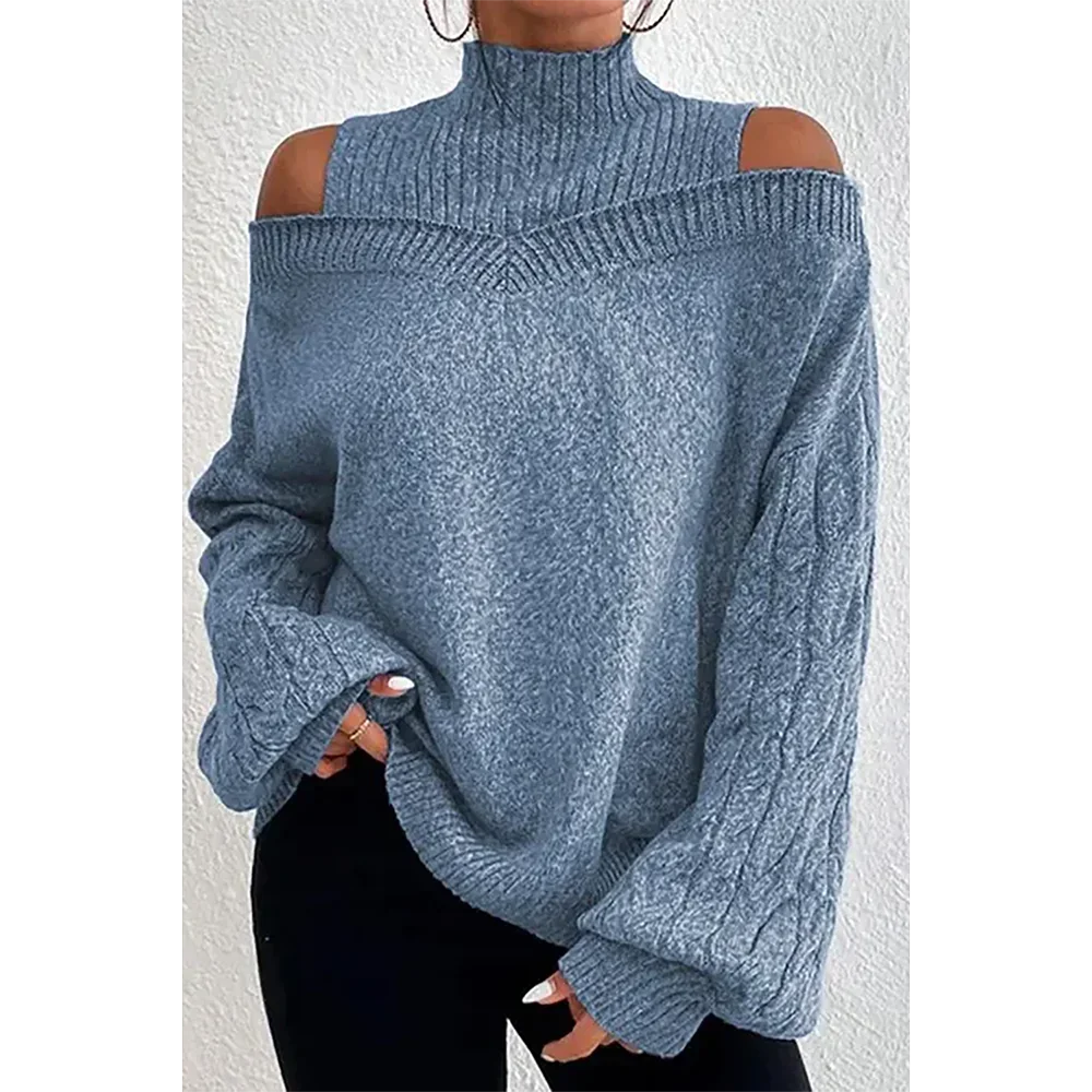 Plus Size Casual Turtleneck Sweater Black Solid Cable Knit Lantern Sleeve Cold Shoulder Sweater