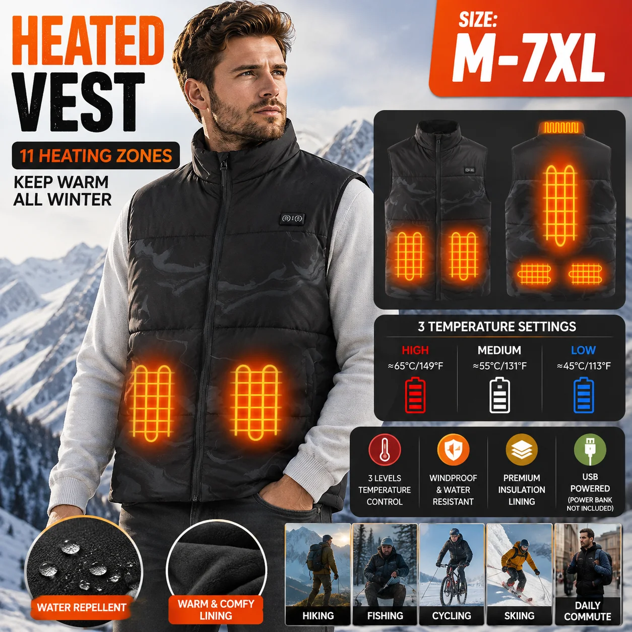 Winter Unisex Electric Heated Vest Loose Fit Casual Sleeveless Waistcoat Outdoor Sport Thermal Warm Heating Vest for Men Women