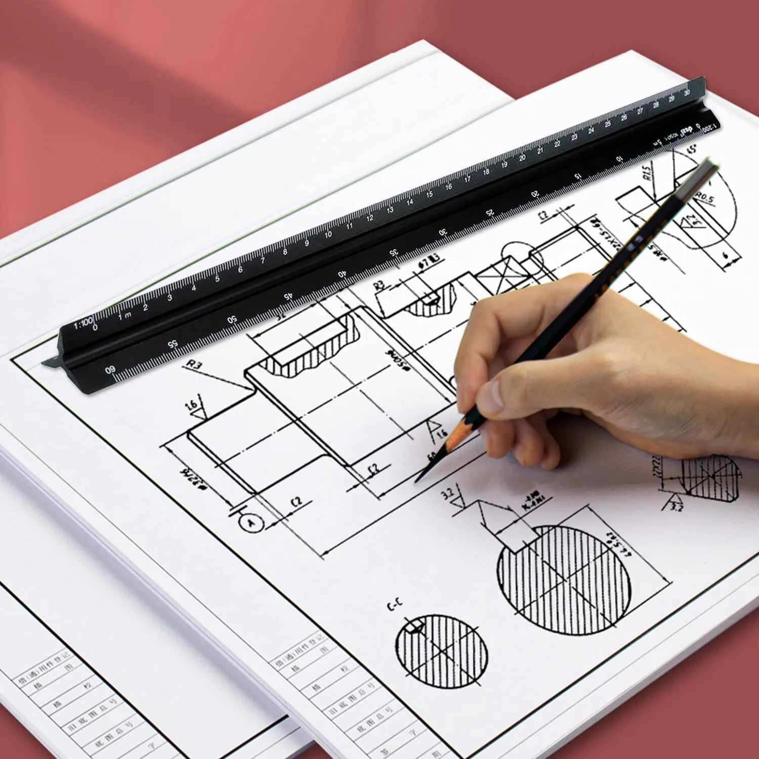 Architectural Ruler 30 cm Aluminum Triangular Ruler Various Scales 1:20, 1:25, 1:50, 1:75, 1:100, 1:125 for Architects
