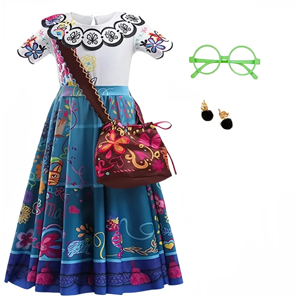 Girls Princess Dress Performance Anime Eencato Milabeler carnival Costume summer Floral print Dress and bag glasses earring 4pcs