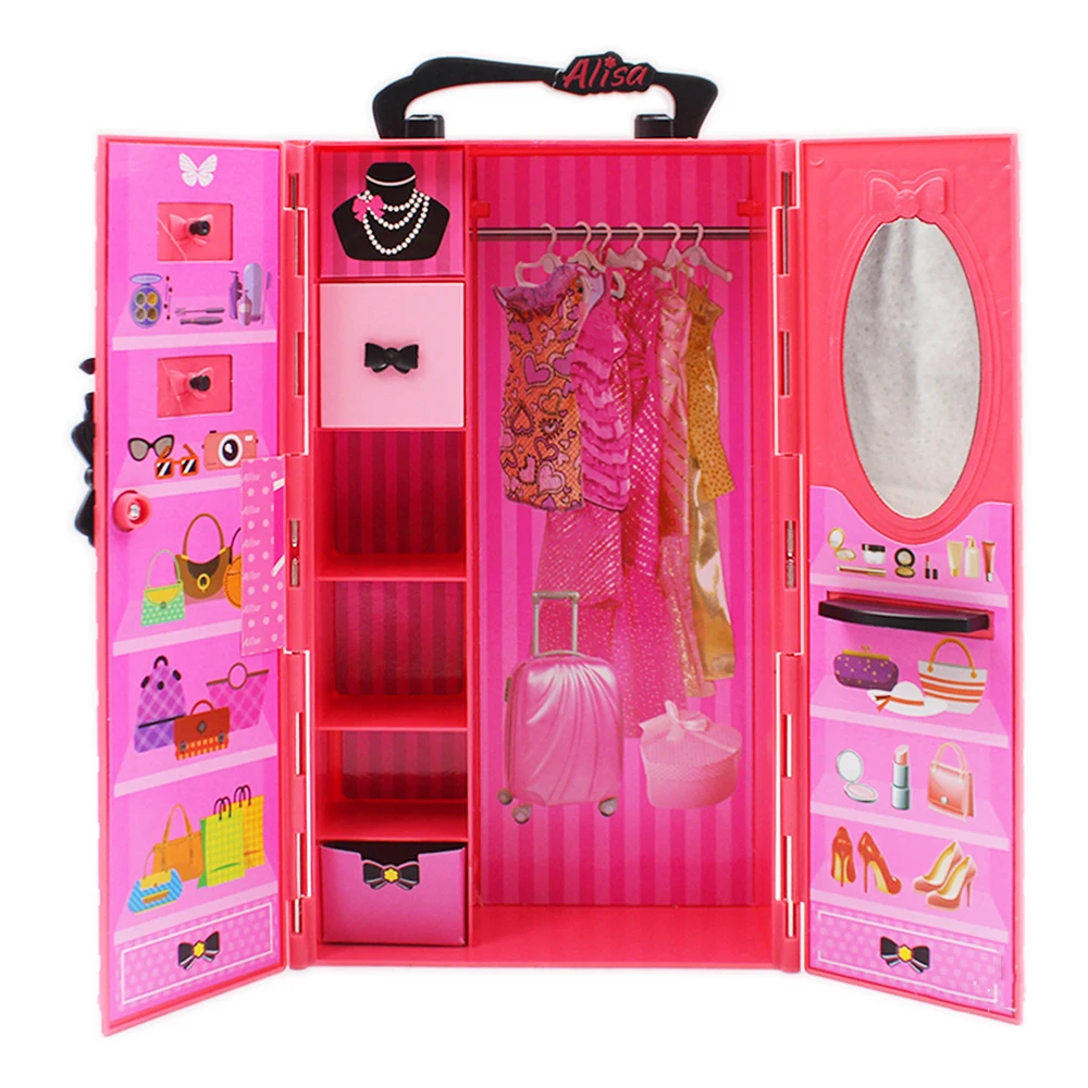 Dollhouse Furniture Doll Wardrobe Plastic Portable Closet Dolls Accessories for Barbie Game DIY Christmas Birthday Gift Kids Toy