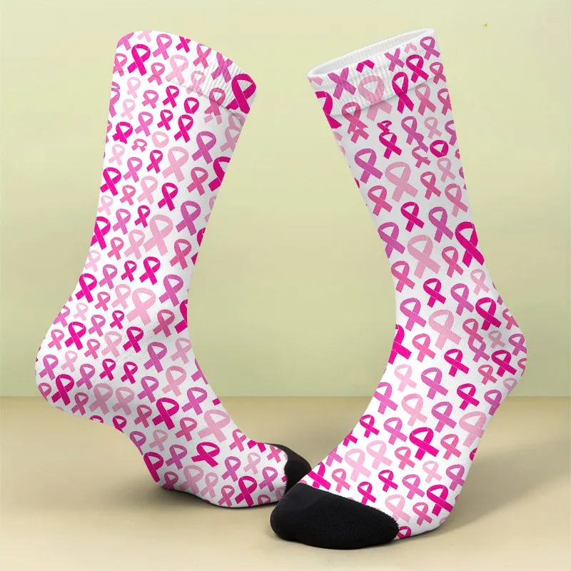 Breast Cancer Awareness Pink Ribbon Socks Printed Mid-Calf Socks Soft Breathable Novel Gift for Daily Wear